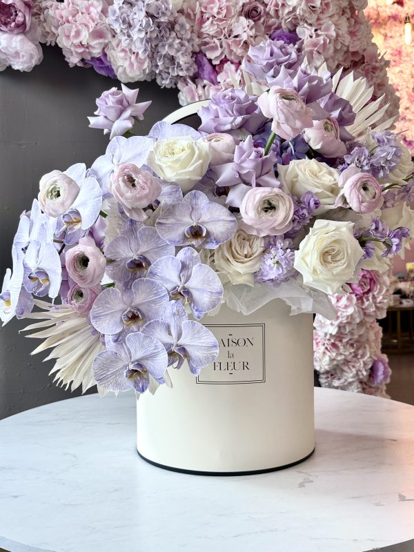 Violet Roses Bouquet , Lavender Kiss - premium orchidea phalaenopsis, premium long stem roses, ranunculus, hydrangea, stock flower