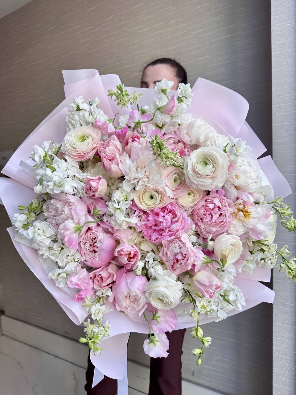 pink peony wedding bouquet, Love letter - Peonies, ranunculus, hydrangea, stock, Dutch tulips