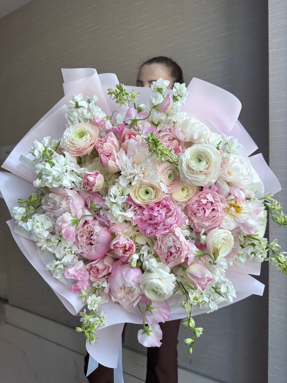 pink peony wedding bouquet, Love letter - Peonies, ranunculus, hydrangea, stock, Dutch tulips