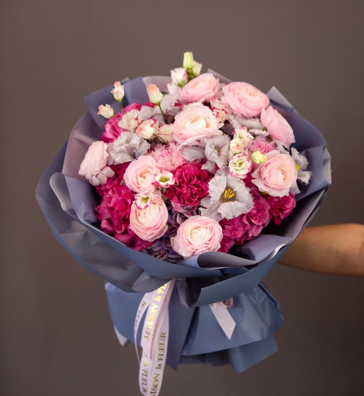 Bridal Bouquet in Pink and White, Love Song - garden roses, ranunculus, dutch tulips, jumbo hydrangeas, and lisianthus