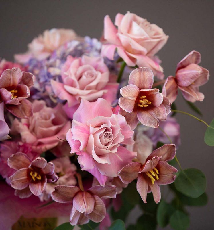 Pink and Purple Bridal Bouquets,  Love Story - European fluffy lisianthus, premium roses, jumbo hydrangeas, dutch tulips