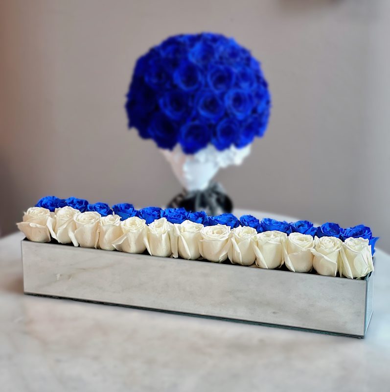 Blue Flower Bouquet Box,  Oiseau Bleu - 2 dozen premium roses