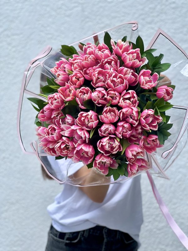 Double Tulips Flower Bouquet, Pink Bliss - 50 beautiful Dutch double tulips