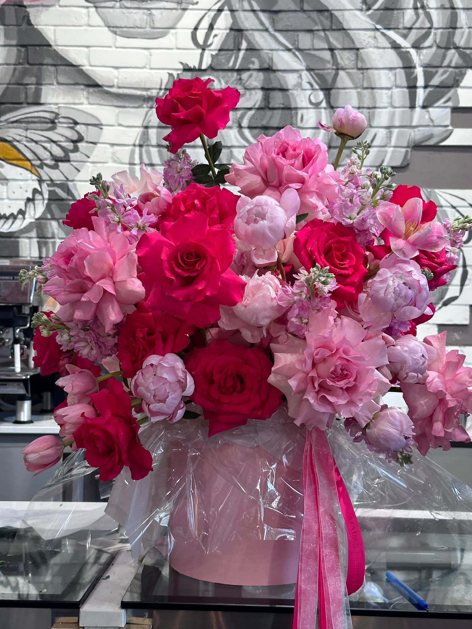 Bouquet of Pink Peonies, Pink flamenco - long stem roses, Dutch tulips and peonies