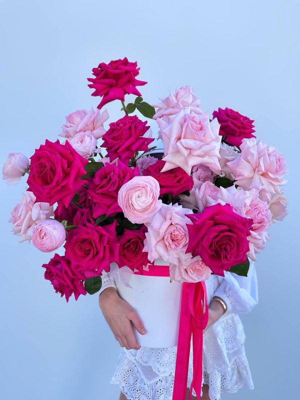 Long Stem Hot Pink Roses Bouquet, Pink Promises - premium long stem hot pink roses, pink O’Hara roses, ranunculuses, hydrangea