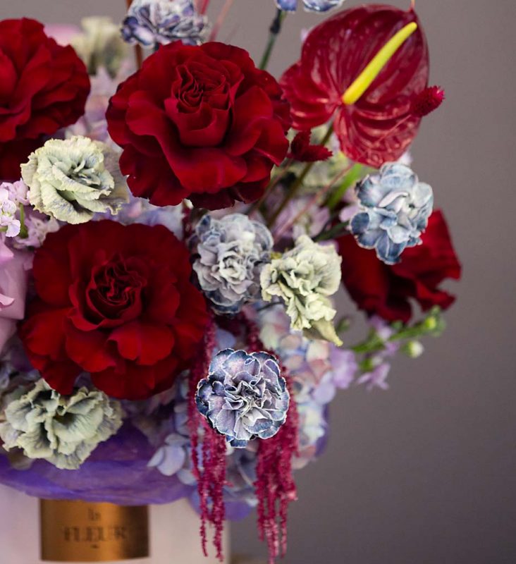 Red Roses Flower Bouquet, Royal Affair - Jumbo hydrangeas, Garden red roses, European carnation, European lisianthus