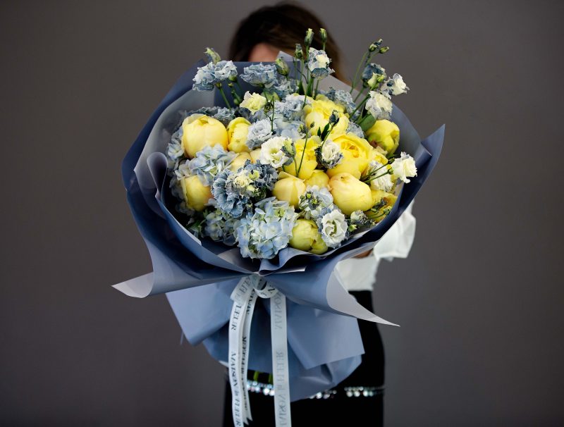 Yellow Peony Wedding Bouquet , Serenity - Yellow peonies and European Vip Lisianthus
