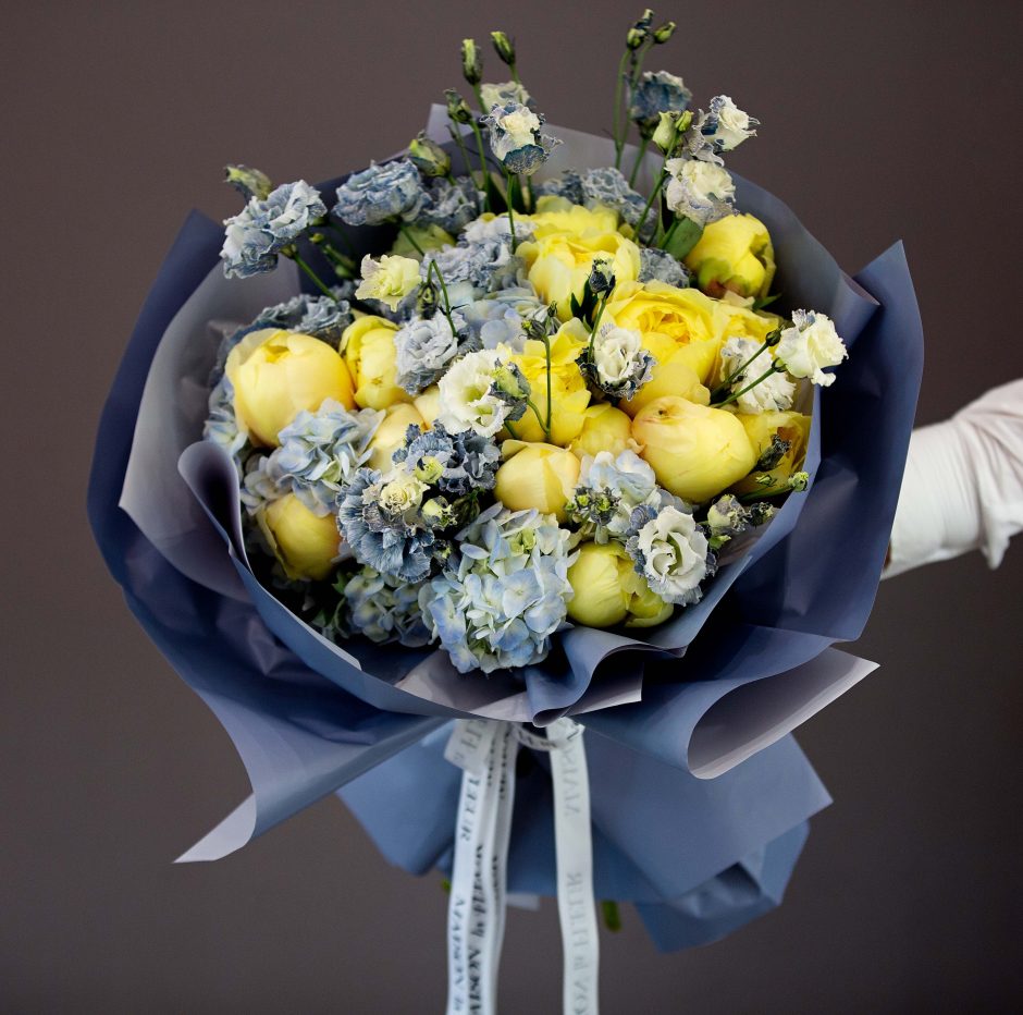 Yellow Peony Wedding Bouquet , Serenity - Yellow peonies and European Vip Lisianthus