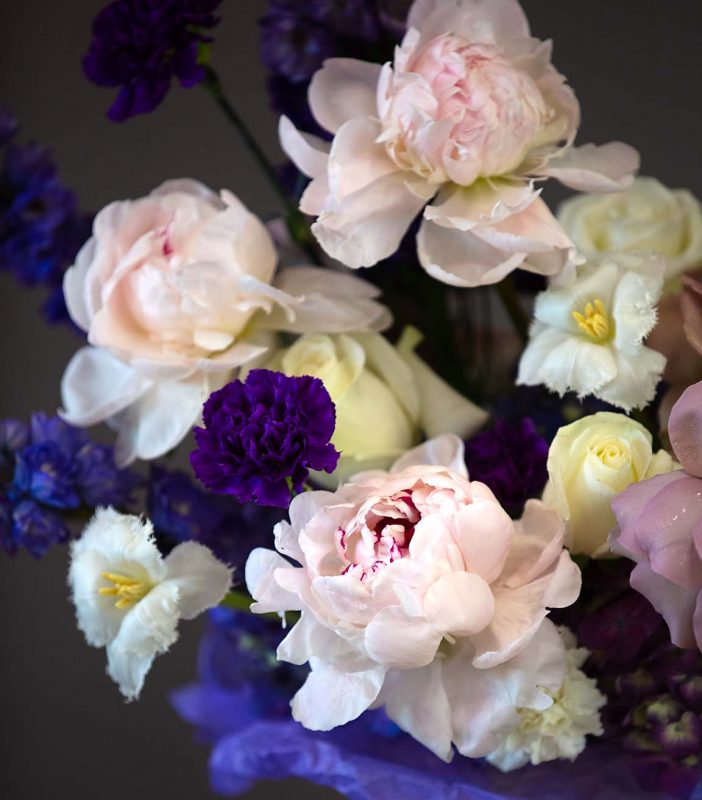 Beautiful Mix Flower Bouquet, Violette - dutch tulips, roses, peonies, delphinium, and hydrangeas - Maison la Fleur