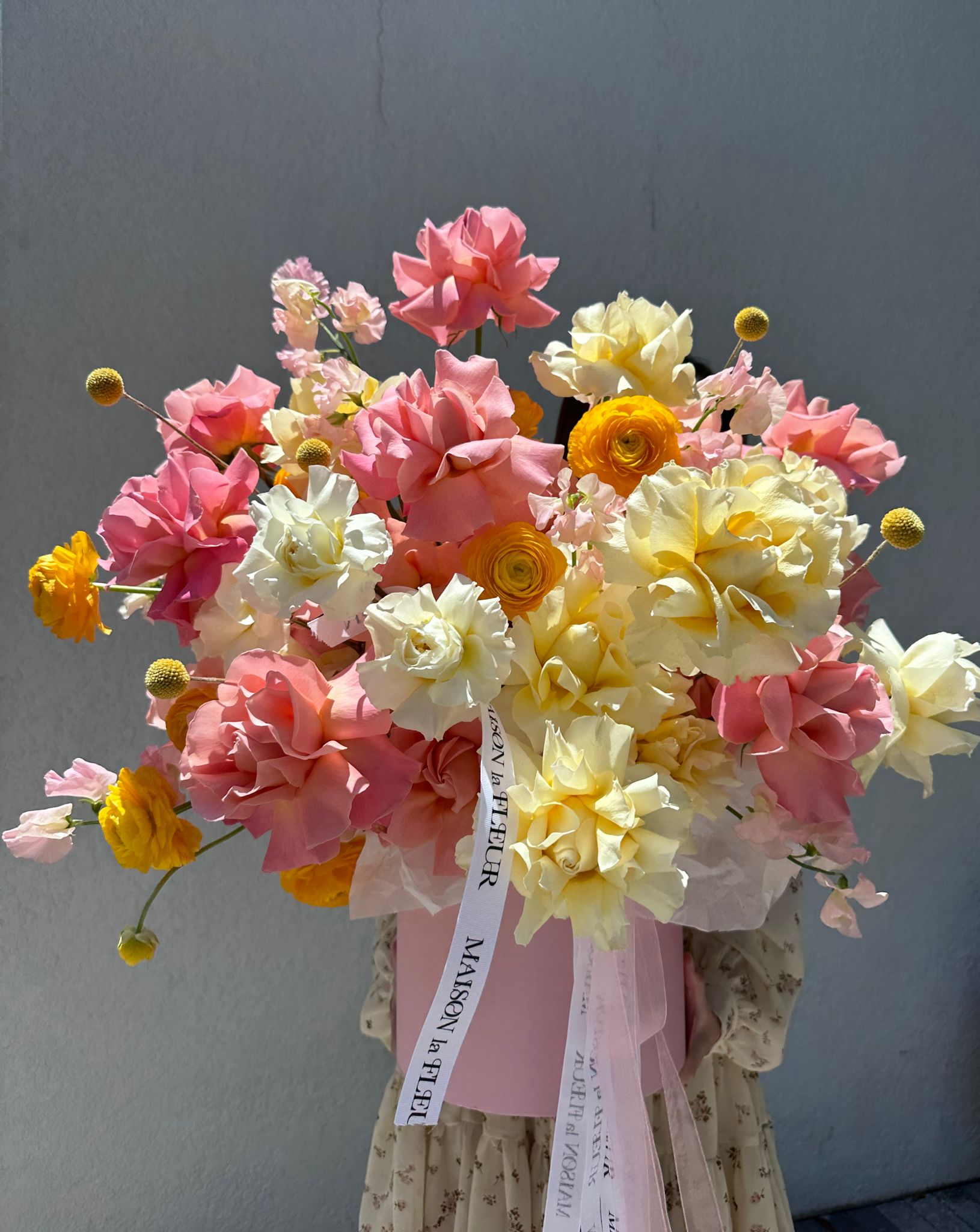Hot Pink Roses, Wanna be your Sunshine- Beautiful long stem roses, fragrant David Austin garden roses, European ranunculus, sweet pea and hydrangea - Maison la Fleur