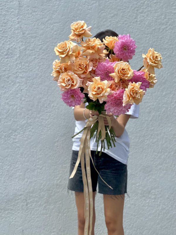 2 Dozen Long Stem Roses Bouquet, Why Not? - premium 2 dozen long stem roses with extra large Dutch dahlias - Maison la Fleur
