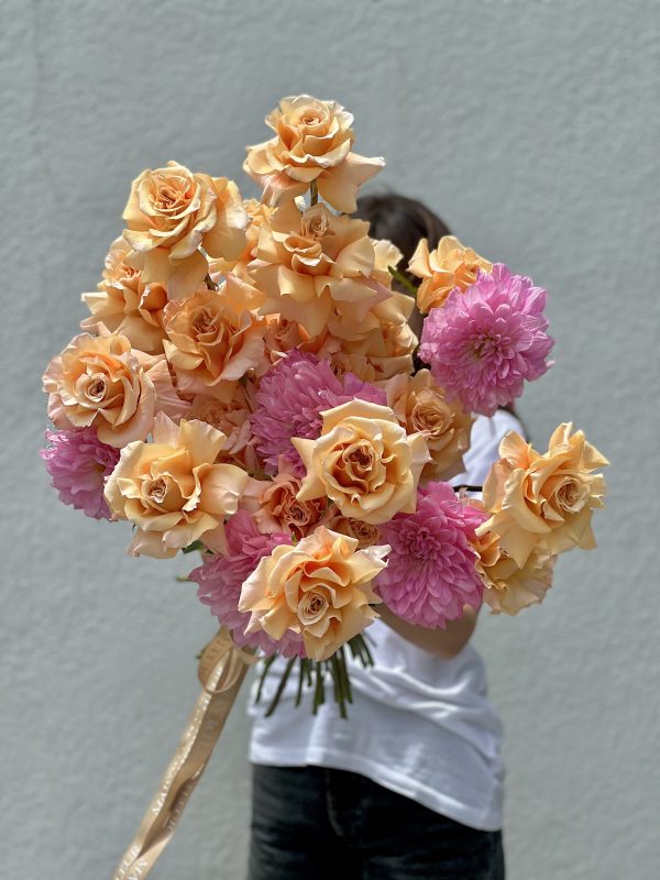 2 Dozen Long Stem Roses Bouquet, Why Not? - premium 2 dozen long stem roses with extra large Dutch dahlias - Maison la Fleur
