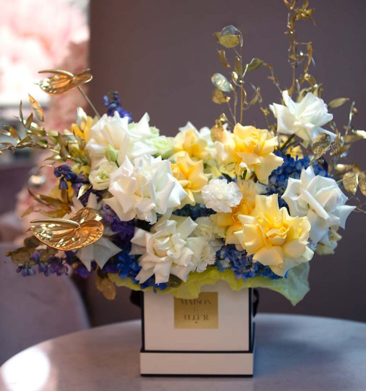 Mix Flower Square Bouquet, You Are My Sunshine - jumbo hydrangeas, premium roses, anthurium, lisianthus, italian ruscus - Maison la Fleur