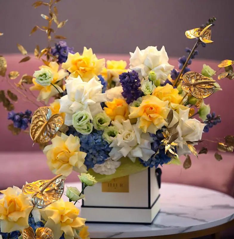 Mix Flower Square Bouquet, You Are My Sunshine - jumbo hydrangeas, premium roses, anthurium, lisianthus, italian ruscus - Maison la Fleur